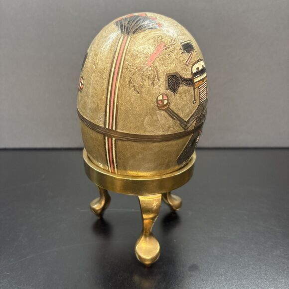 Enameled Cloisonne Brass Egg Trinket Box with Brass Stand - Picture 4 of 12